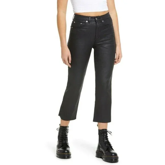 Topshop Coated High Waist Crop Straight Jeans In Black Size W 30 L30 - Picture 5 of 8